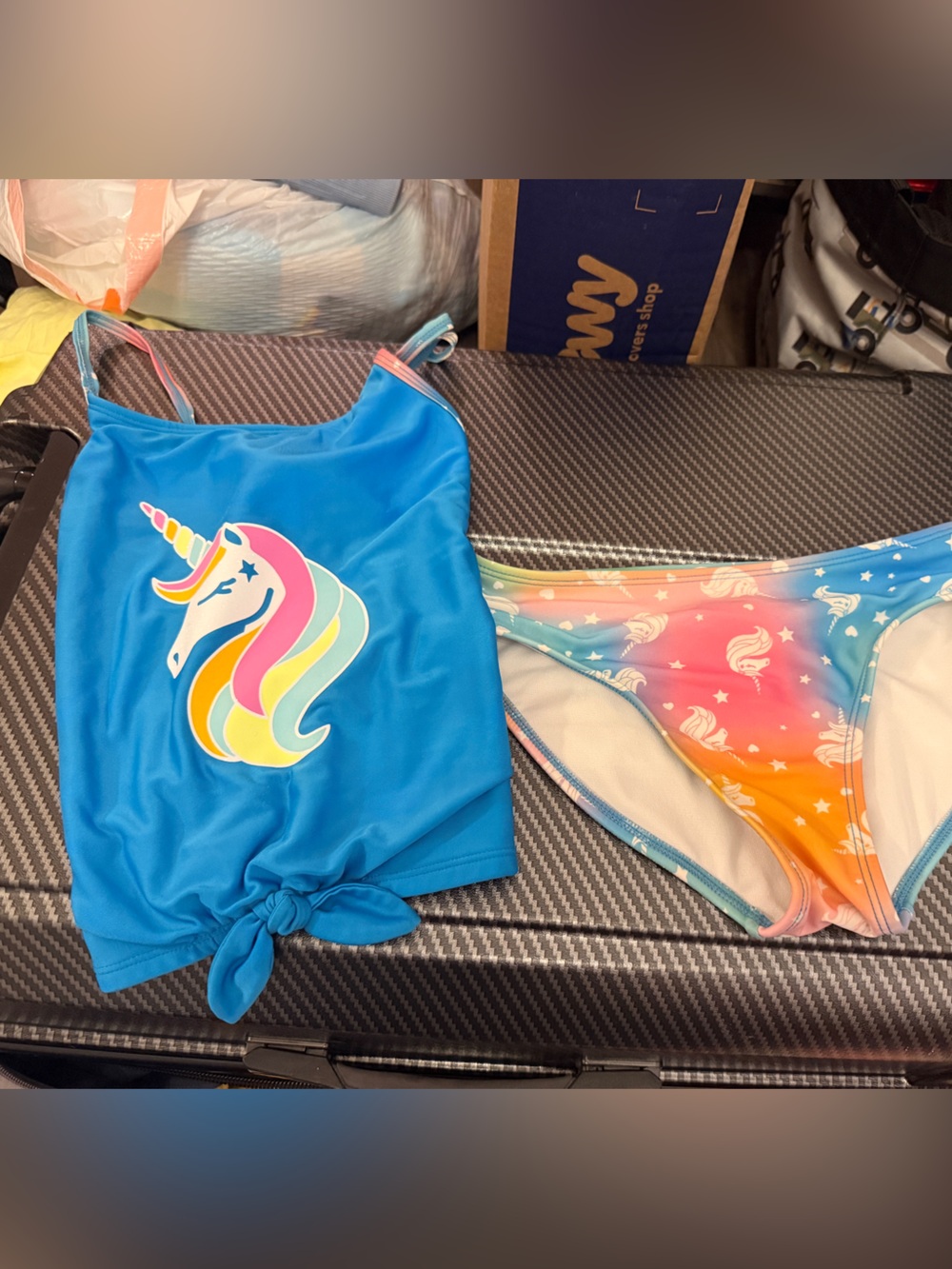 Girls Blue Tankini Set with Rainbow Unicorn Print